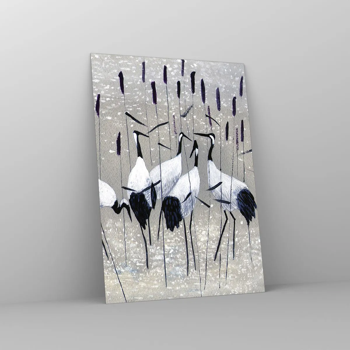 Glasbild - Bild auf glas - Vier Kraniche im Schilf am See - 50x70cm - Unter ihren eigenen - Moderne Wanddekoration für Wohnzimmer und Schlafzimmer ARTTOR