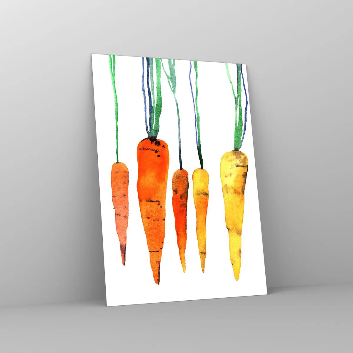 Impression sur verre - Image sur verre - Carottes à l'aquarelle dans différentes nuances d'orange avec des tiges vertes - 50x70cm - La beauté de l'ordinaire - Décoration murale moderne pour le salon et la chambre ARTTOR