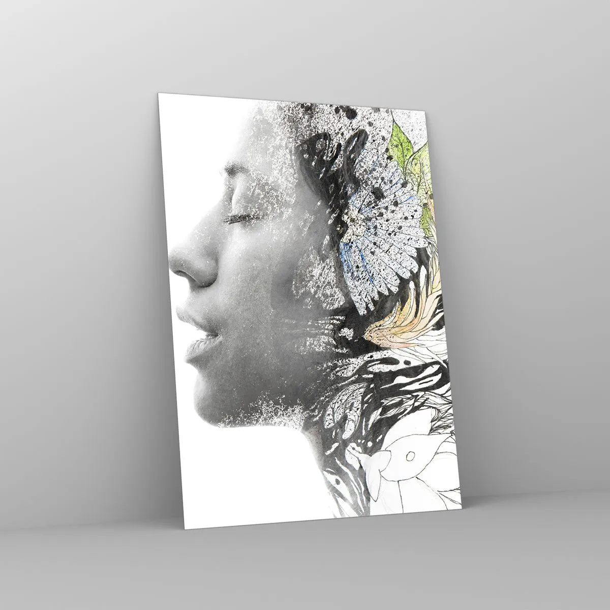 Impression sur verre - Image sur verre - Profil de femme avec des motifs de la nature dans un style monochrome - 50x70cm - Immergé dans la nature - Décoration murale moderne pour le salon et la chambre ARTTOR