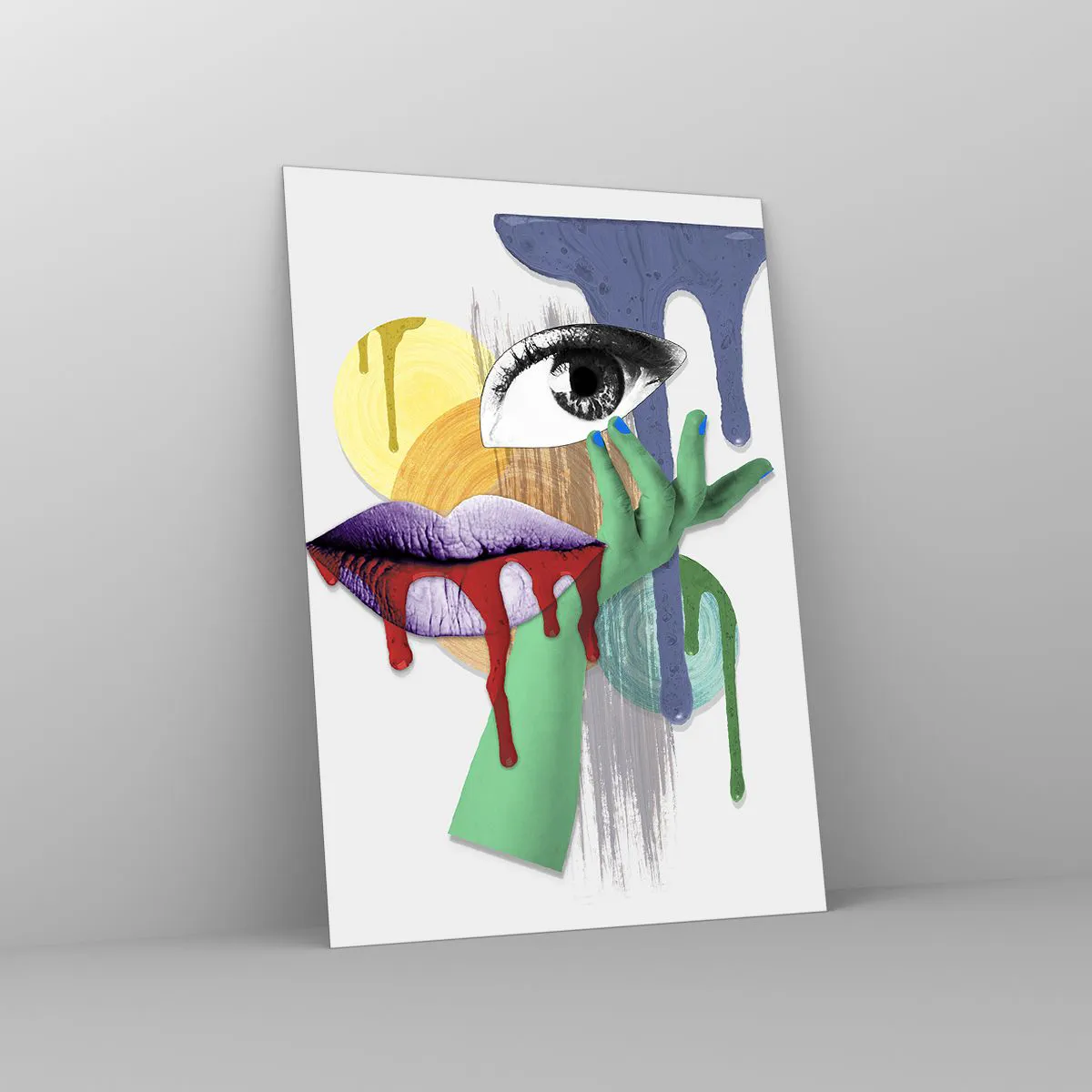 Obraz na szkle - Abstrakcyjna kompozycja z okiem, ustami i kolorami - 50x70cm - Portret zdekonstruowany - Nowoczesna dekoracja ścienna do salonu, kuchni i sypialni ARTTOR