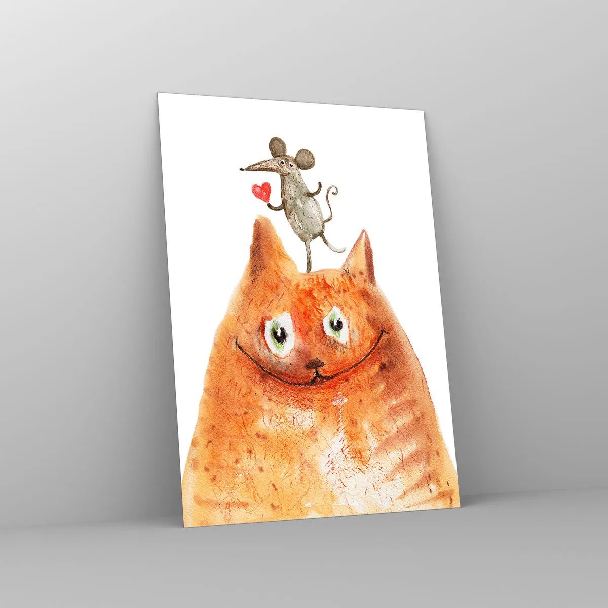 Impression sur verre - Image sur verre - Un chat avec une souris sur la tête dans un style humoristique - 50x70cm - Amour paradoxal - Décoration murale moderne pour le salon et la chambre ARTTOR
