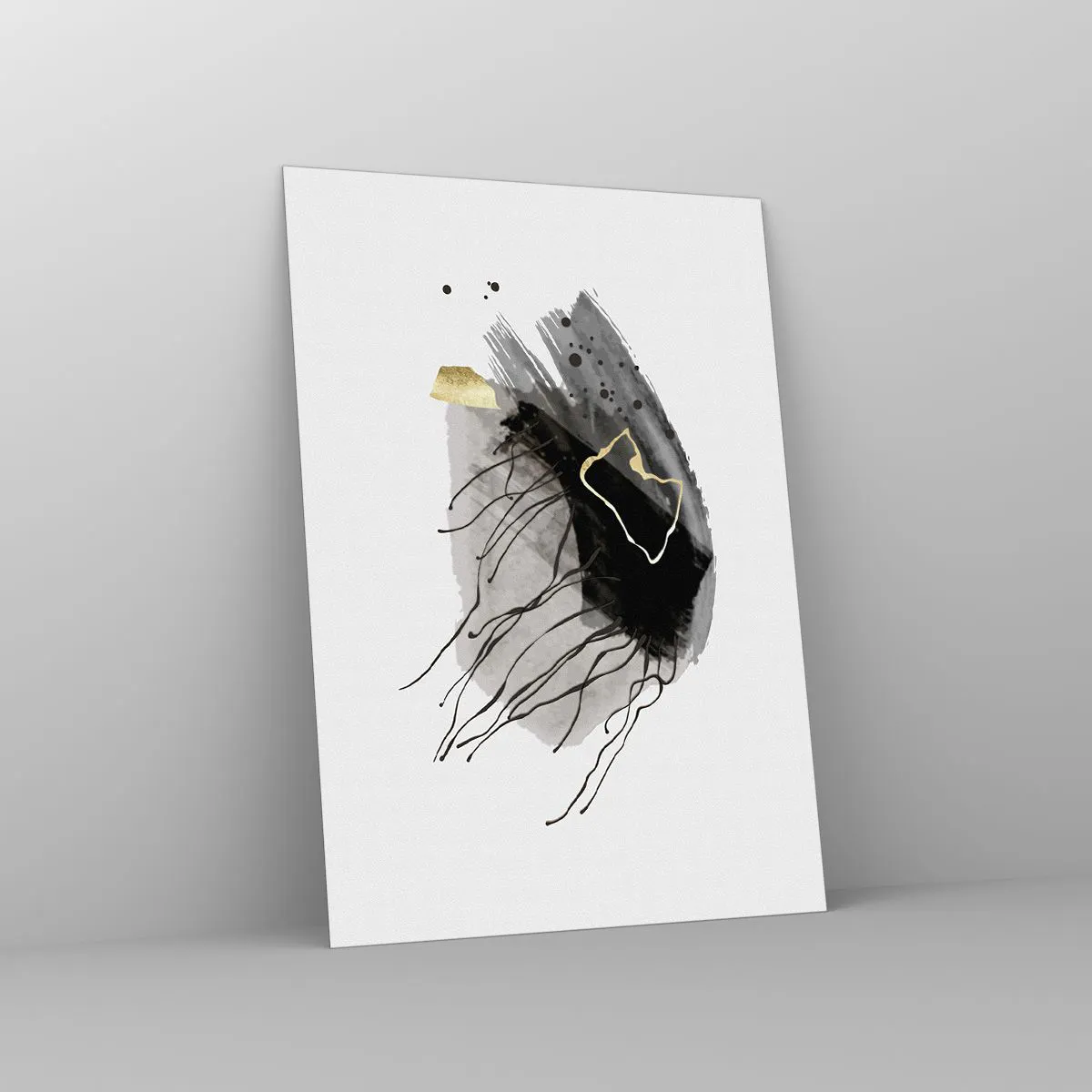 Impression sur verre - Image sur verre - Composition abstraite de noir et d'or sur fond blanc - 50x70cm - En noir et en or - Décoration murale moderne pour le salon et la chambre ARTTOR