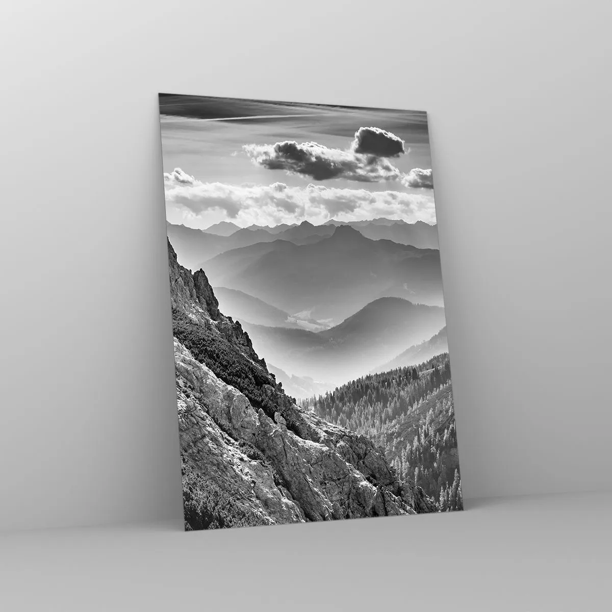 Quadro su vetro - Panorama montano in bianco e nero con vista sulla valle - 50x70cm - Fino all'orizzonte - Decorazione murale moderna per soggiorno e camera da letto ARTTOR
