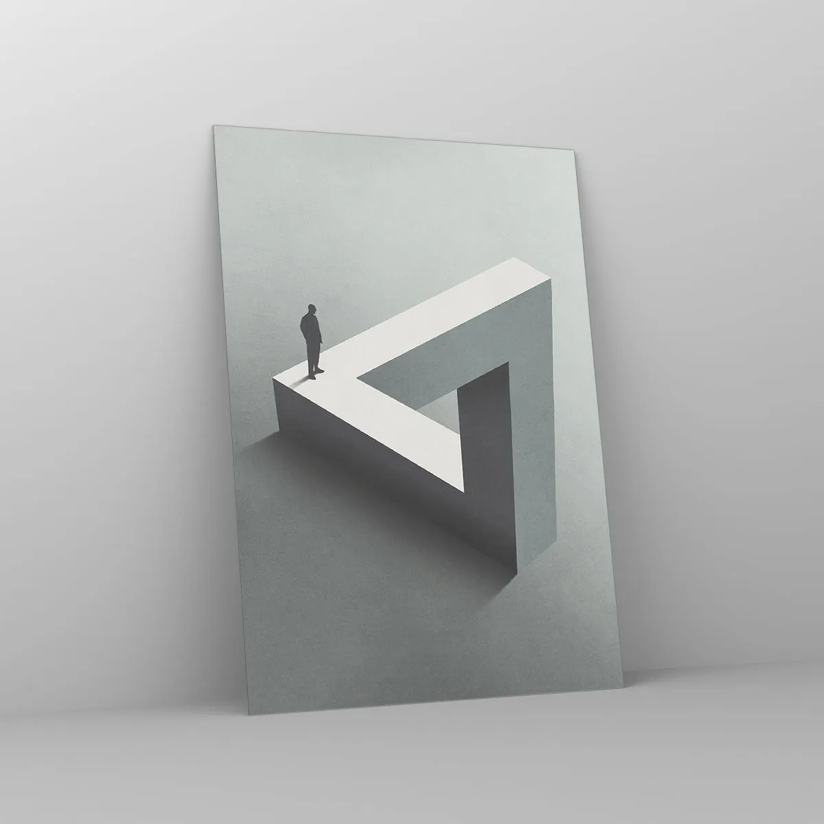 Glasbild - Bild auf glas - Eine Figur auf einer geometrischen Struktur im Stil einer optischen Täuschung - 50x70cm - Es ist also doch möglich - Moderne Wanddekoration für Wohnzimmer und Schlafzimmer ARTTOR