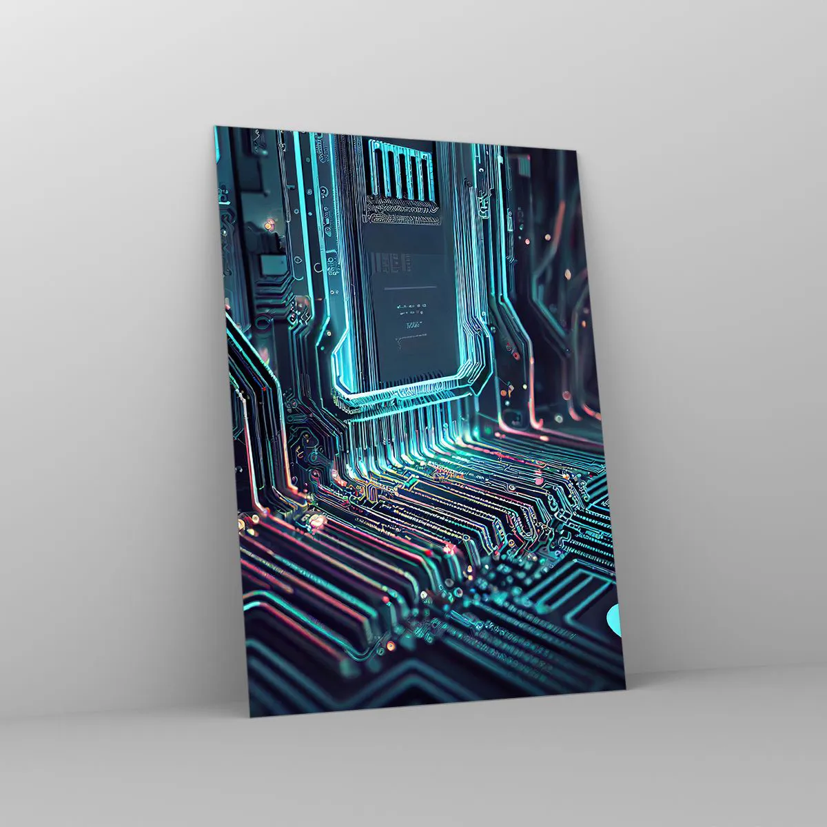 Glasbild - Bild auf glas - Neon-Visualisierung von Prozessorspuren auf schwarzem Hintergrund - 50x70cm - Ich denke nur… - Moderne Wanddekoration für Wohnzimmer und Schlafzimmer ARTTOR