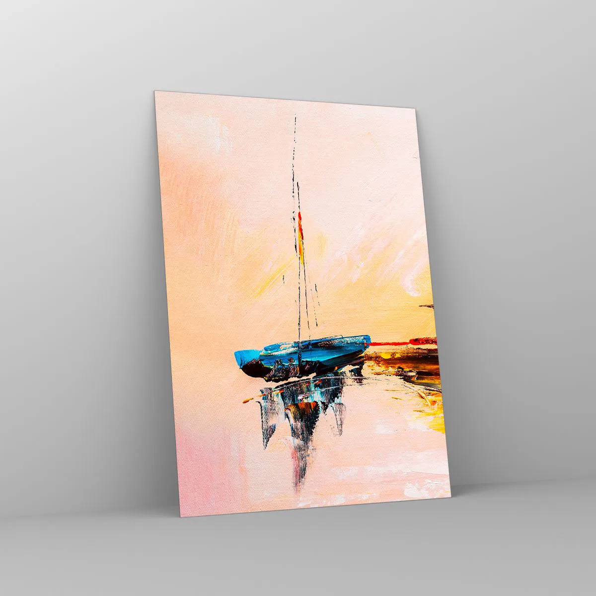 Obraz na szkle - Kolorowe łodzie zacumowane na tle zachodu słońca w stylu impresyjnym - 50x70cm - Wieczór w przystani - Nowoczesna dekoracja ścienna do salonu, kuchni i sypialni ARTTOR