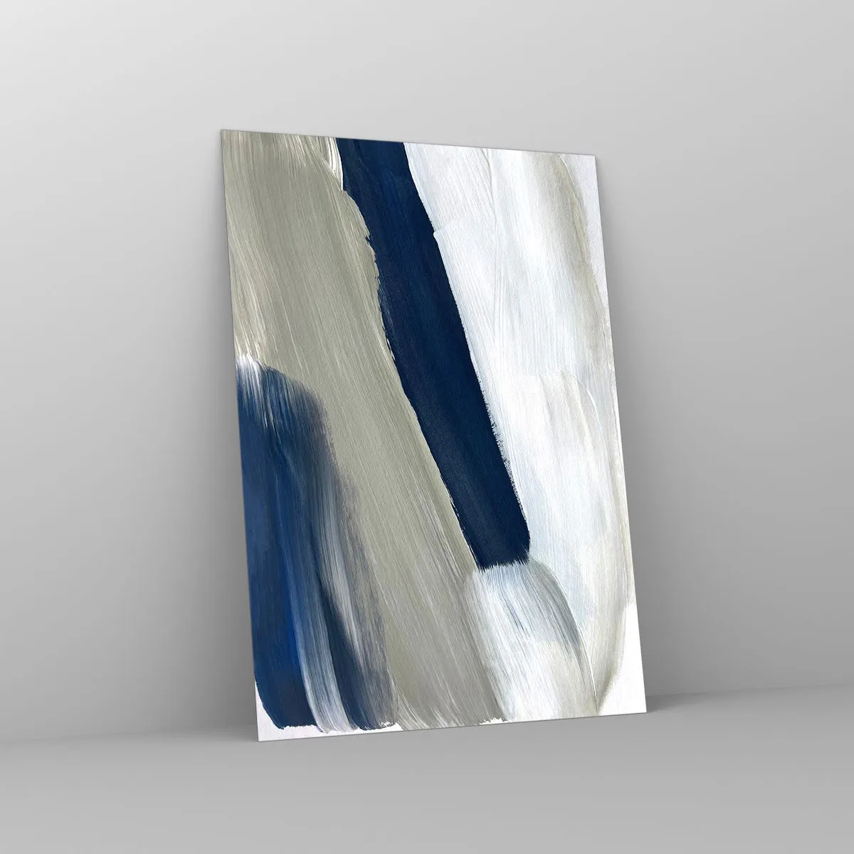 Glasbild - Bild auf glas - Minimalistische Abstraktion mit dynamischen Strichen in Weiß, Marineblau und Grau. - 50x70cm - Begegnung mit dem Weißsein - Moderne Wanddekoration für Wohnzimmer und Schlafzimmer ARTTOR