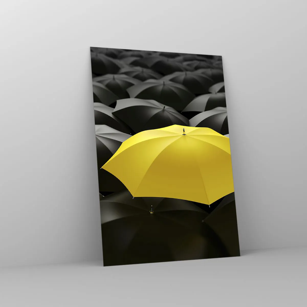 Impression sur verre - Image sur verre - Un parapluie jaune parmi des parapluies noirs - 70x100cm - Adieu chagrin - Décoration murale moderne pour le salon et la chambre ARTTOR