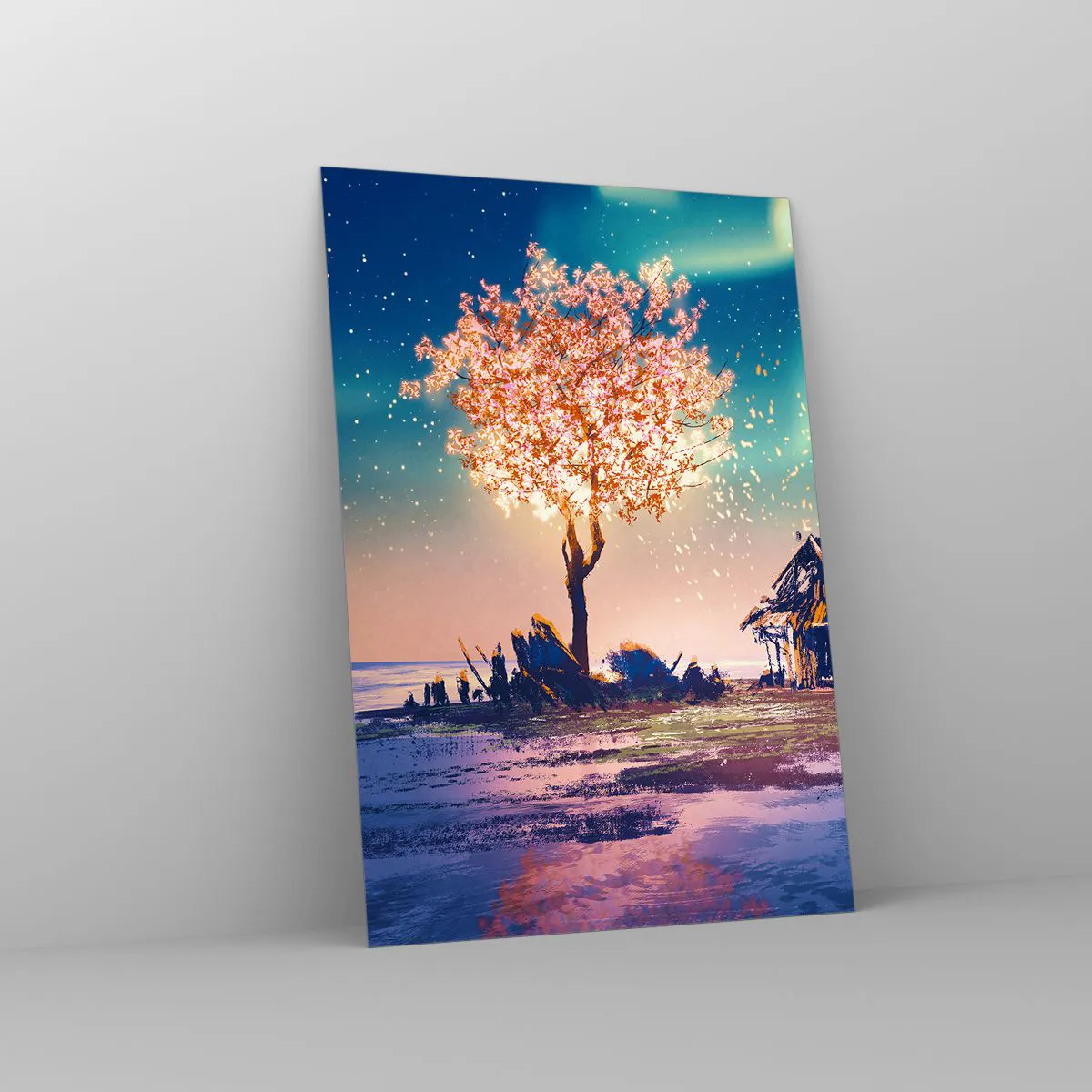 Quadro su vetro - Una casa e un albero in fiore sotto il cielo notturno - 70x100cm - La natura non passa - Decorazione murale moderna per soggiorno e camera da letto ARTTOR