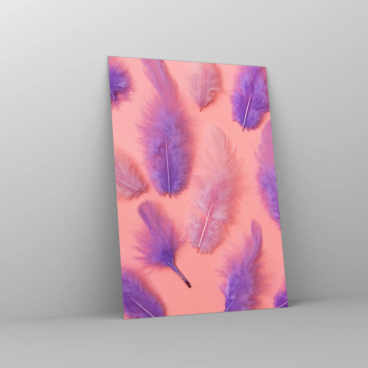 Impression sur verre - Image sur verre - Plumes violettes et roses sur fond pastel - 70x100cm - Oiseau de désir lilas - Décoration murale moderne pour le salon et la chambre ARTTOR