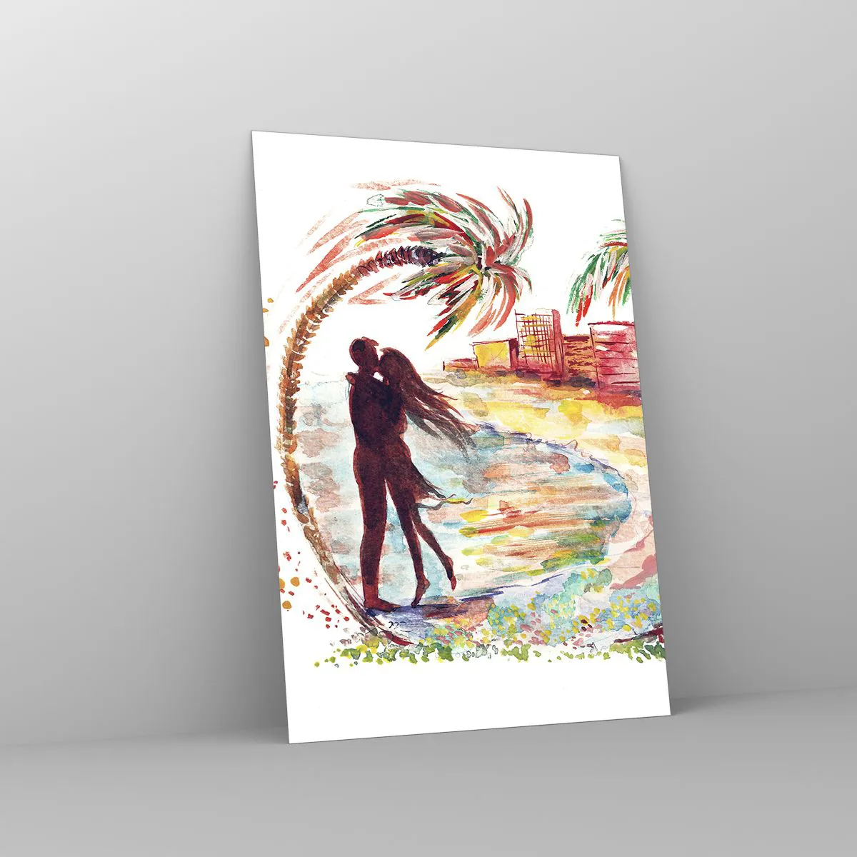 Glasbild - Bild auf glas - Romantische Paarszene an einem Strand mit Palmen in Aquarell - 70x100cm - Romantischer Urlaub - Moderne Wanddekoration für Wohnzimmer und Schlafzimmer ARTTOR