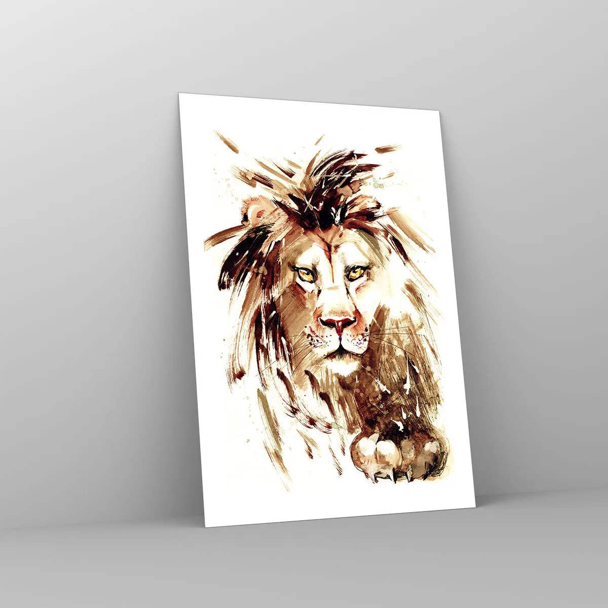 Quadro su vetro - Ritratto ad acquerello di un leone con dettagli intensi - 70x100cm - Forza e dignità - Decorazione murale moderna per soggiorno e camera da letto ARTTOR