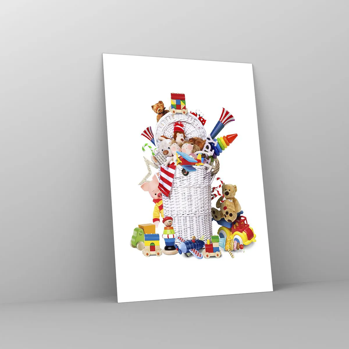 Impression sur verre - Image sur verre - Un panier coloré rempli de jouets pour enfants - 70x100cm - Trésors des tout-petits - Décoration murale moderne pour le salon et la chambre ARTTOR