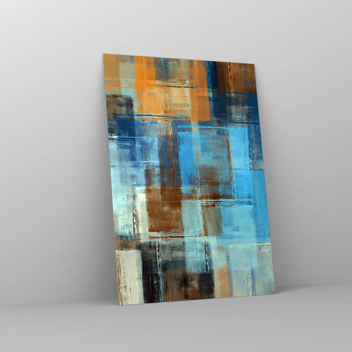 Impression sur verre - Image sur verre - Composition géométrique abstraite dans les tons de bleu et de marron - 70x100cm - A travers le voile bleu - Décoration murale moderne pour le salon et la chambre ARTTOR