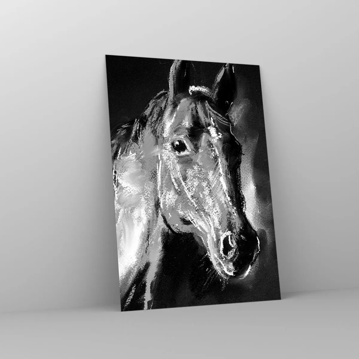 Impression sur verre - Image sur verre - Portrait d'un cheval dans un style dynamique en noir et blanc - 70x100cm - L'éclat d'une âme noble - Décoration murale moderne pour le salon et la chambre ARTTOR