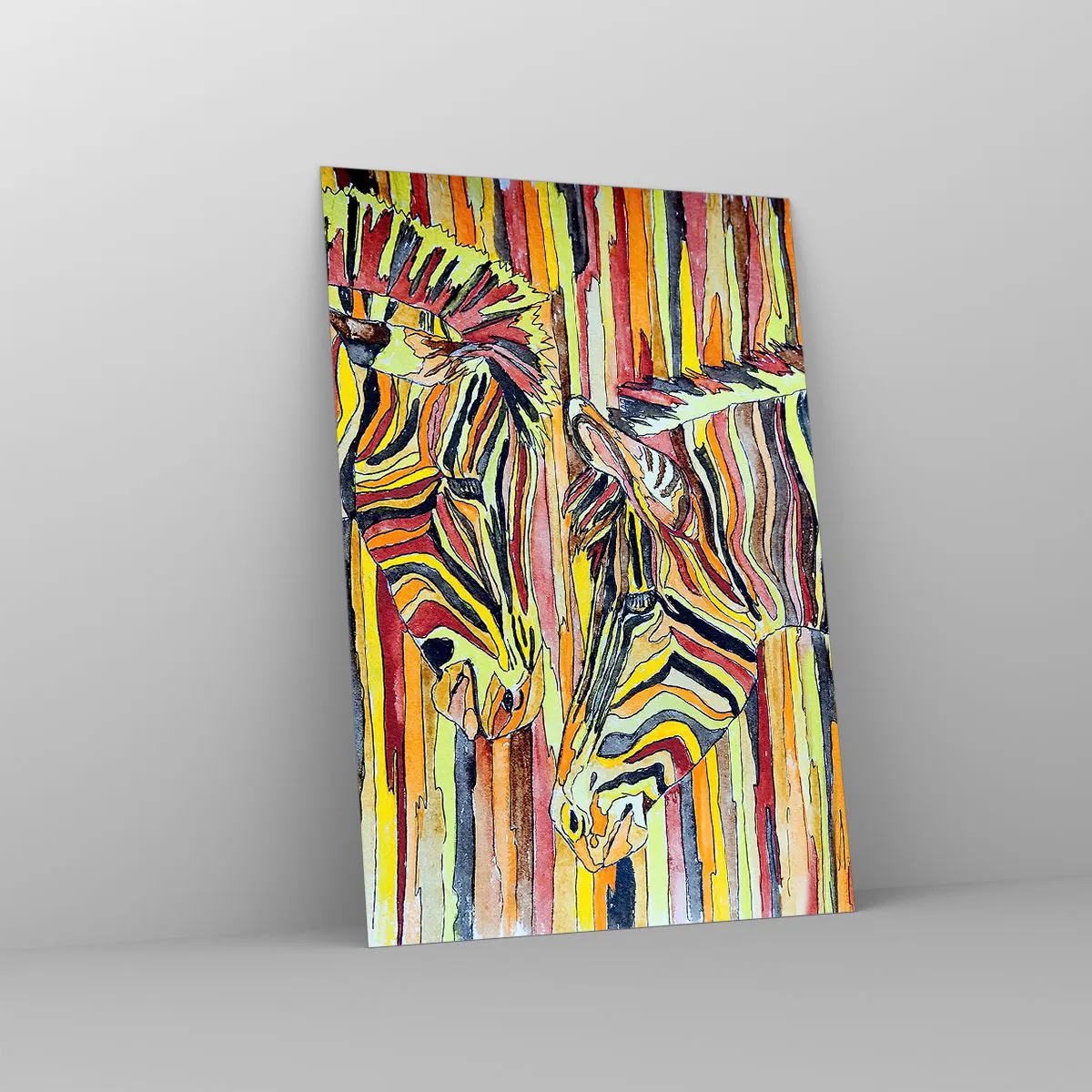 Cuadro sobre vidrio - Impresiones sobre Vidrio - Cebras coloridas sobre un fondo de rayas abstractas - 70x100cm - Y tú también... - Decoración de pared moderna para salón y dormitorio ARTTOR