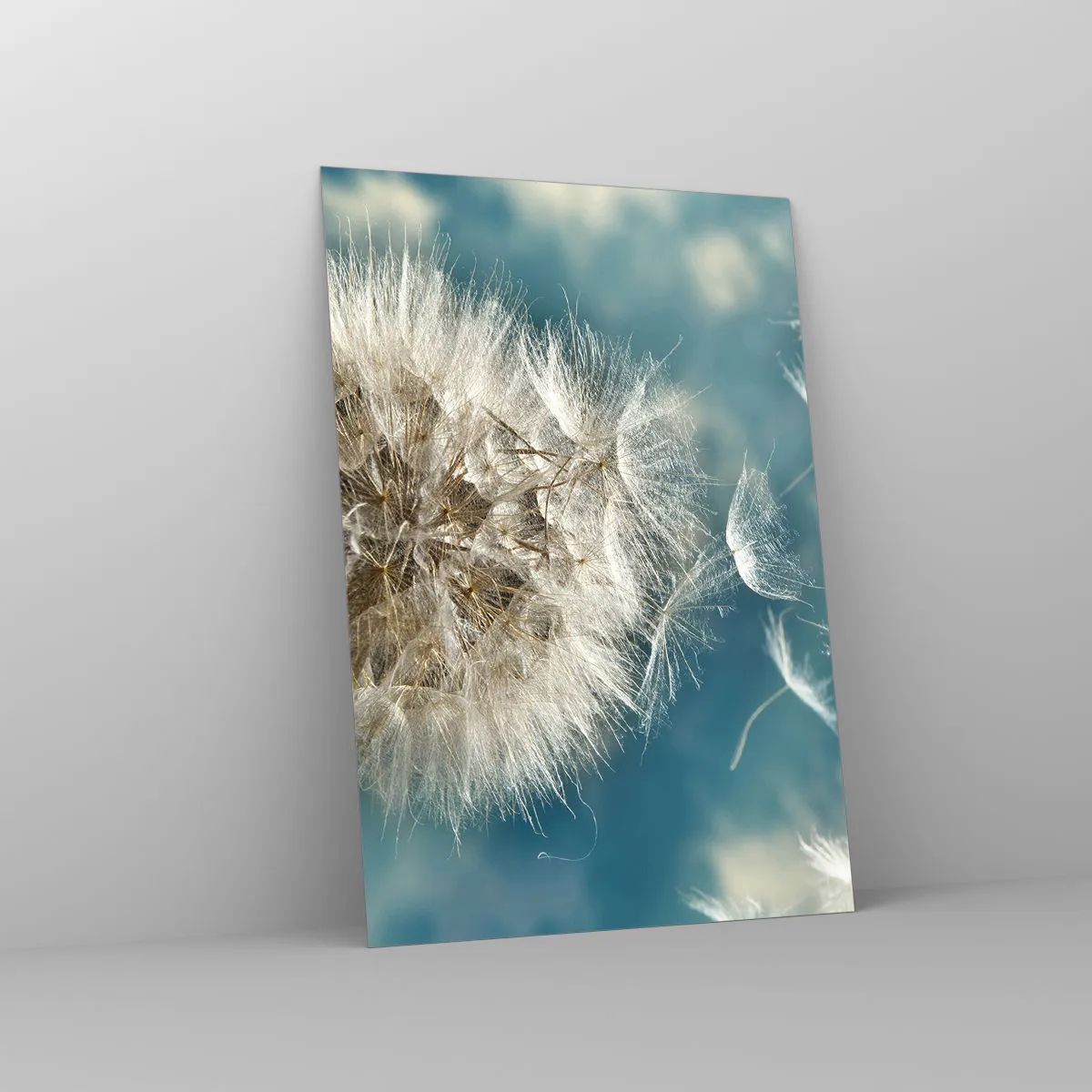 Cuadro sobre vidrio - Impresiones sobre Vidrio - Un diente de león desperdigado contra un cielo azul. - 70x100cm - El aliento de un ángel - Decoración de pared moderna para salón y dormitorio ARTTOR
