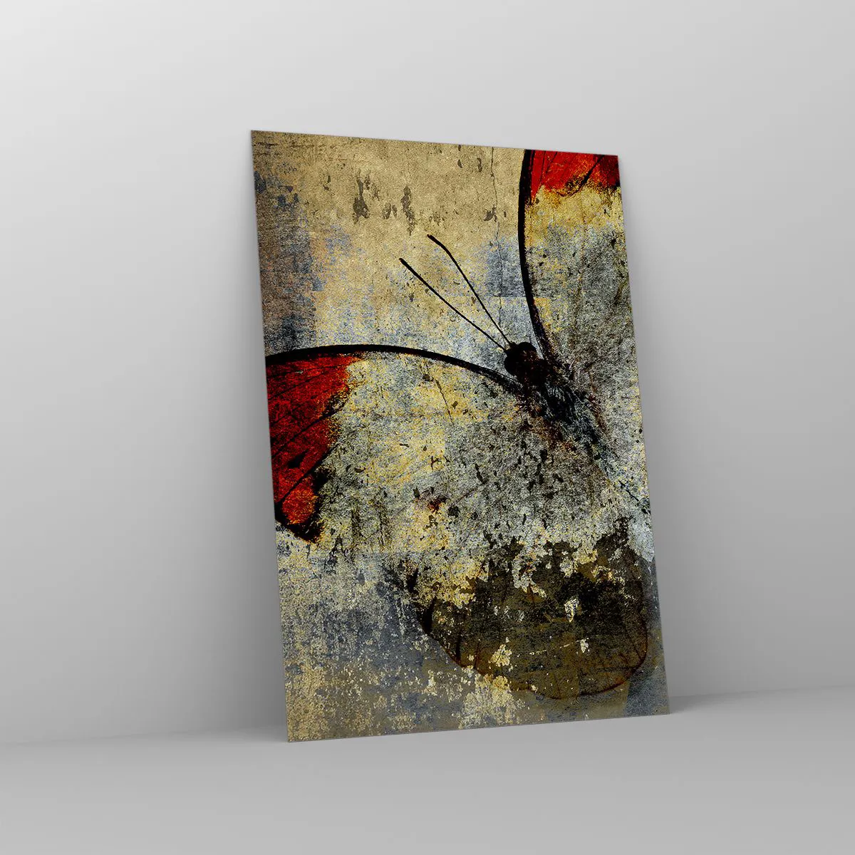 Glasbild - Bild auf glas - Ein Schmetterling in Rot- und Grautönen auf strukturiertem Hintergrund - 70x100cm - Pass auf, bevor ich verschwinde - Moderne Wanddekoration für Wohnzimmer und Schlafzimmer ARTTOR