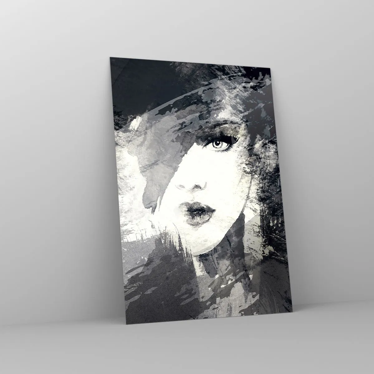 Glasbild - Bild auf glas - Ein abstraktes Frauenporträt in Grautönen mit zarten Akzenten. - 70x100cm - Hinter einem grauen Schleier - Moderne Wanddekoration für Wohnzimmer und Schlafzimmer ARTTOR