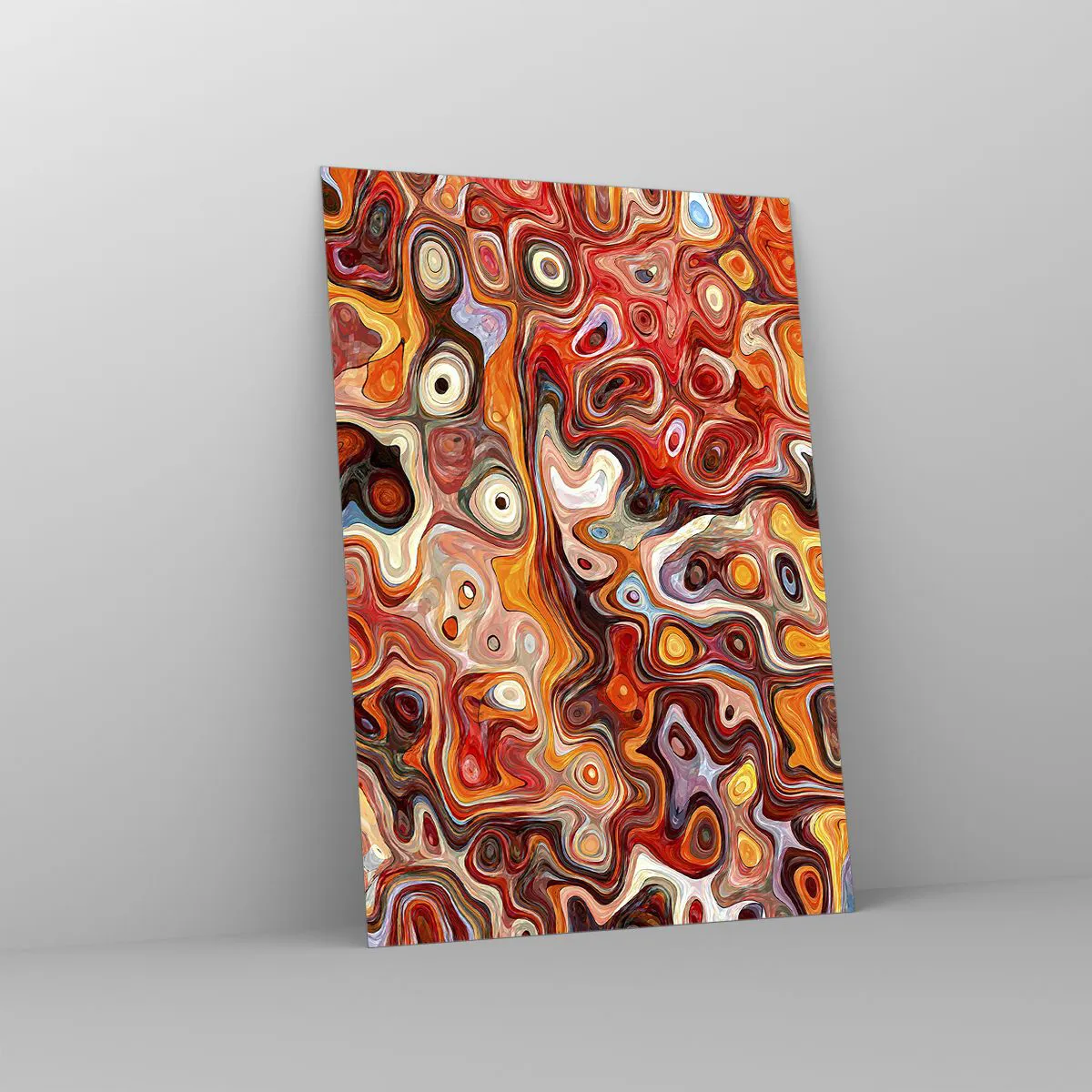 Cuadro sobre vidrio - Impresiones sobre Vidrio - Una composición abstracta en tonos cálidos de rojo, naranja y amarillo. - 70x100cm - Si las nueces se derritieran en la miel - Decoración de pared moderna para salón y dormitorio ARTTOR