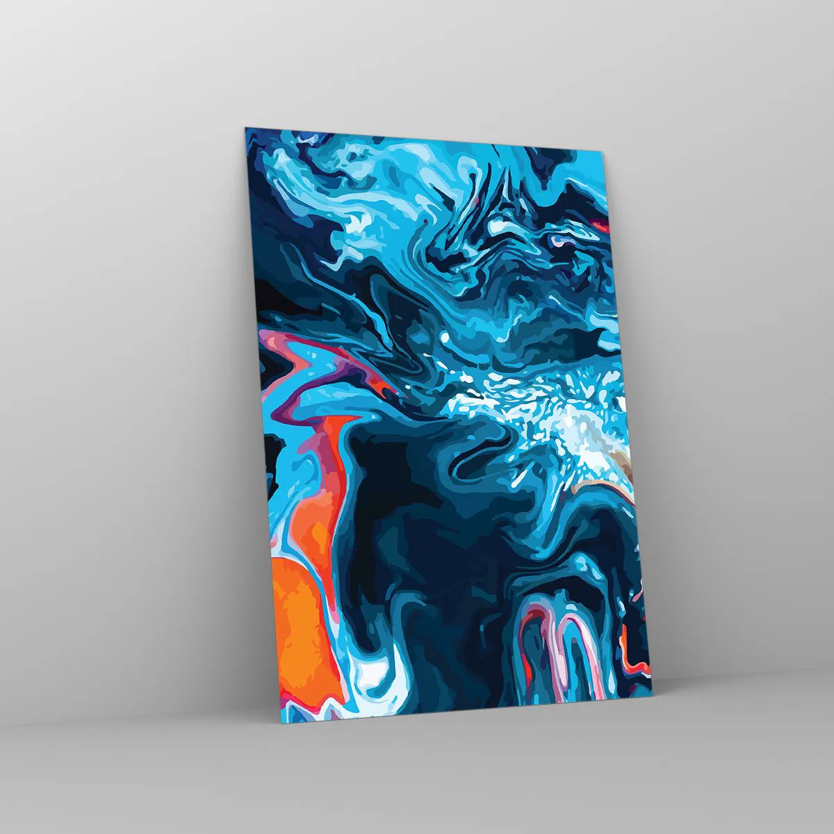 Glasbild - Bild auf glas - Ein abstraktes Muster in Blautönen mit orangefarbenen Akzenten. - 70x100cm - Reise ins Zentrum des Himmels - Moderne Wanddekoration für Wohnzimmer und Schlafzimmer ARTTOR