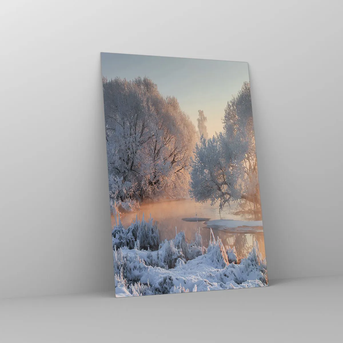 Obraz na szkle - Zimowy krajobraz z ośnieżonymi drzewami i zachodem słońca - 70x100cm - Wszystko w słonecznym lśni krysztale - Nowoczesna dekoracja ścienna do salonu i sypialni ARTTOR