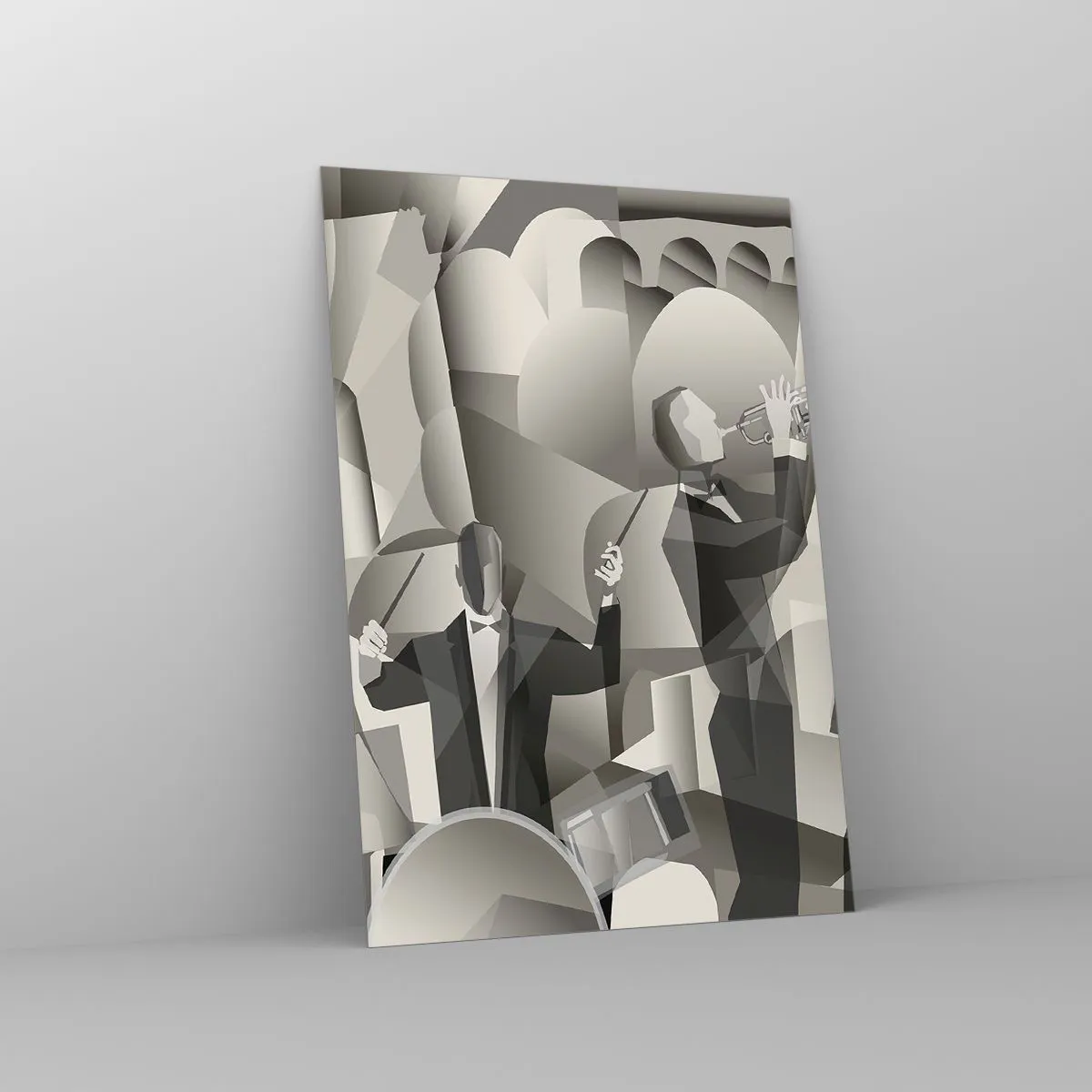 Glasbild - Bild auf glas - Abstrakte Szene mit Jazzmusikern in Grautönen. - 70x100cm - Im Raum der Klänge - Moderne Wanddekoration für Wohnzimmer und Schlafzimmer ARTTOR