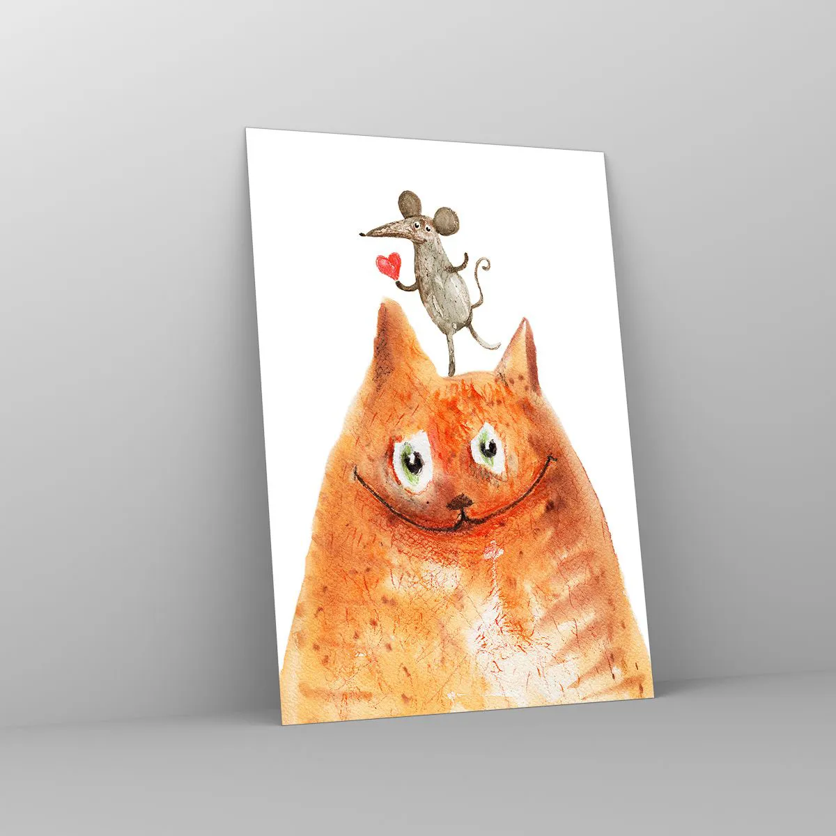 Impression sur verre - Image sur verre - Un dessin d'un chat avec une souris sur la tête tenant un cœur - 70x100cm - Amour paradoxal - Décoration murale moderne pour le salon et la chambre ARTTOR