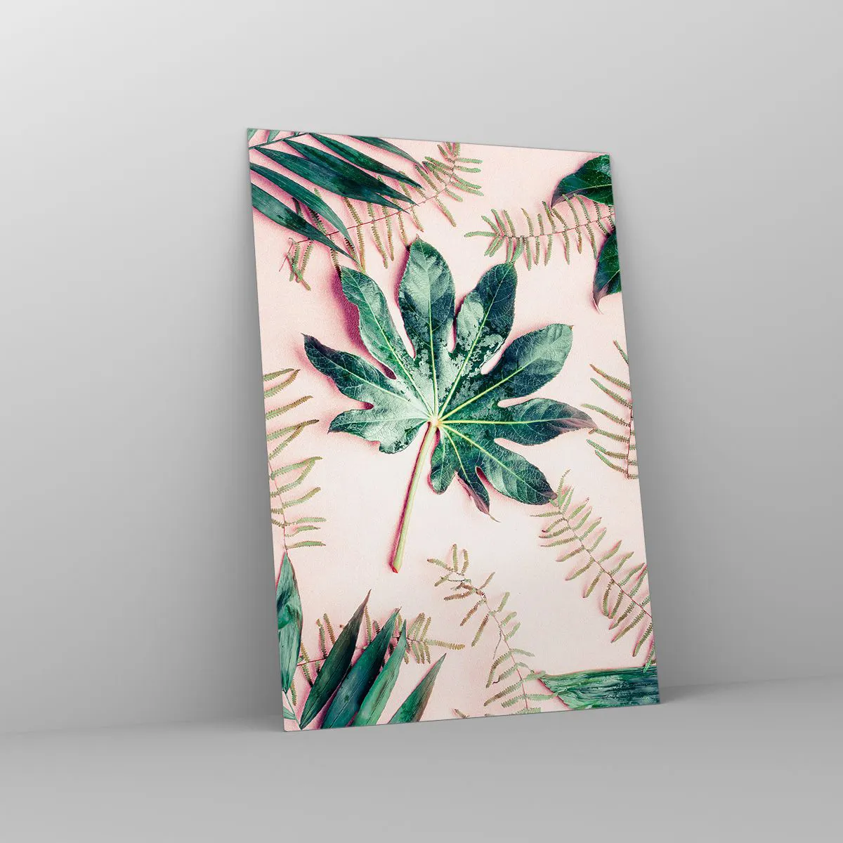 Tablou pe sticlă - Studiu de verdeață pe un fundal roz - 70x100 cm