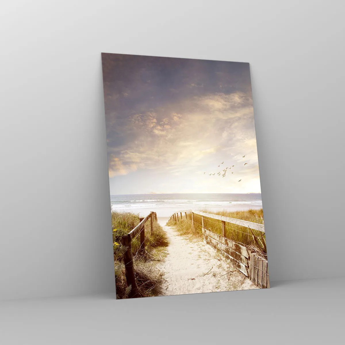 Obraz na szkle - Drewniana ścieżka prowadząca na plażę o zachodzie słońca - 70x100cm - Przestrzeń spokoju - Nowoczesna dekoracja ścienna do salonu i sypialni ARTTOR