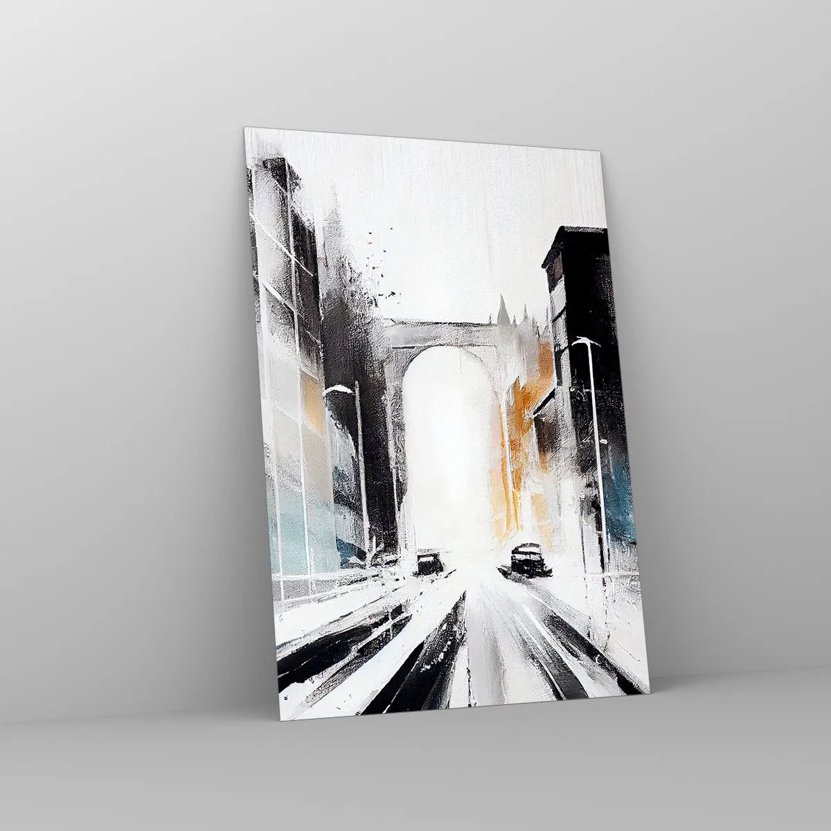 Glasbild - Bild auf glas - Abstraktes Stadtpanorama mit einer Bogenbrücke - 70x100cm - Stadtstudie: Architektur und Bewegung - Moderne Wanddekoration für Wohnzimmer und Schlafzimmer ARTTOR