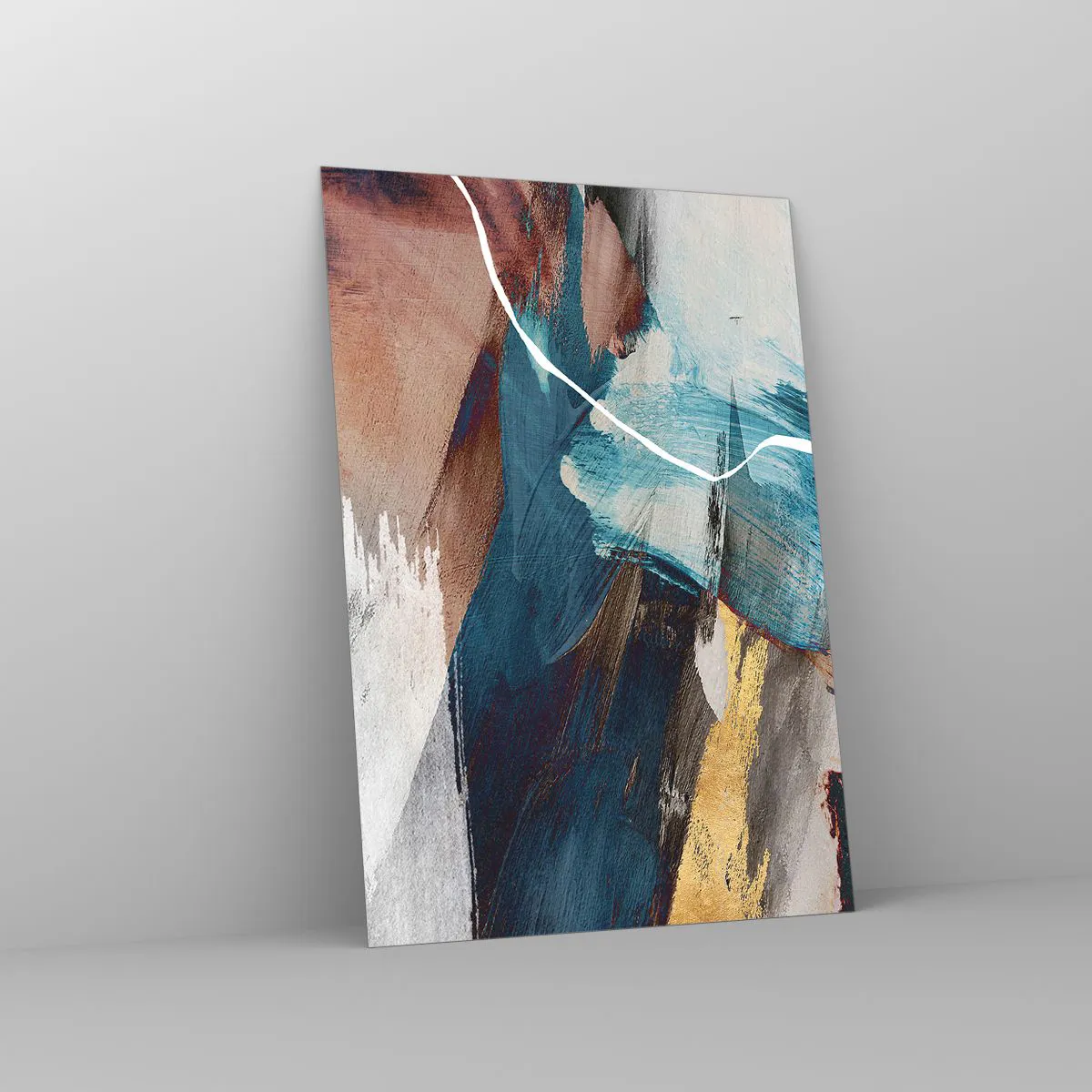 Impression sur verre - Image sur verre - Coups de pinceau abstraits dans des tons de bleu et d'or - 70x100cm - Avec panache et énergie - Décoration murale moderne pour le salon et la chambre ARTTOR