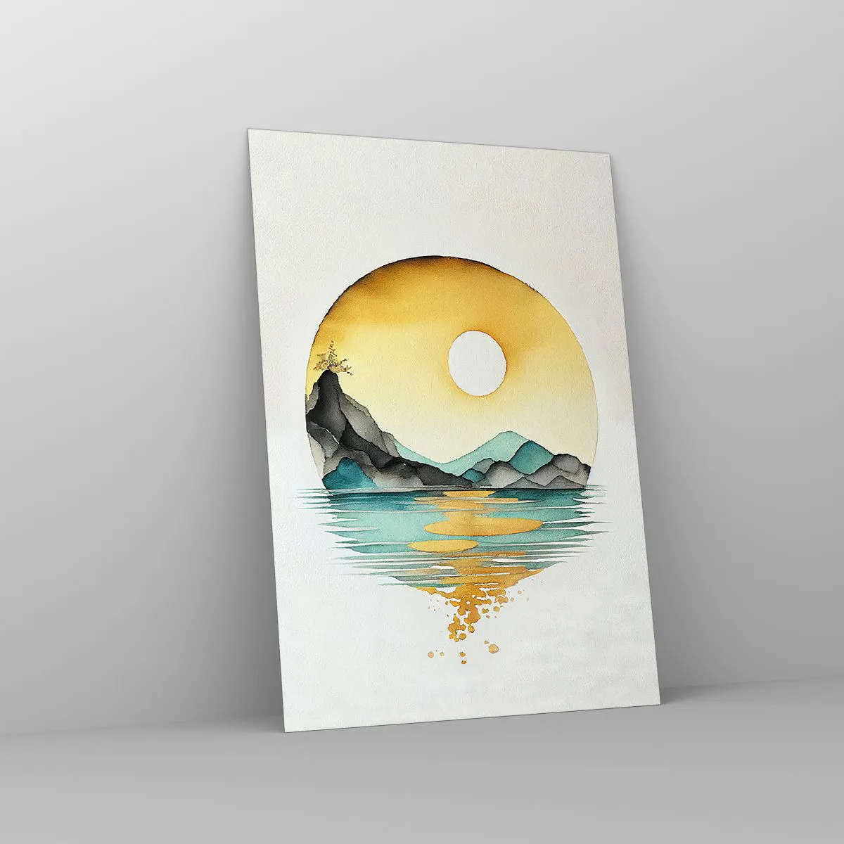 Obraz na szkle - Akwarelowy pejzaż gór i jeziora w złotej poświacie zachodzącego słońca - 70x100cm - W kręgu piękna - Nowoczesna dekoracja ścienna do salonu i sypialni ARTTOR