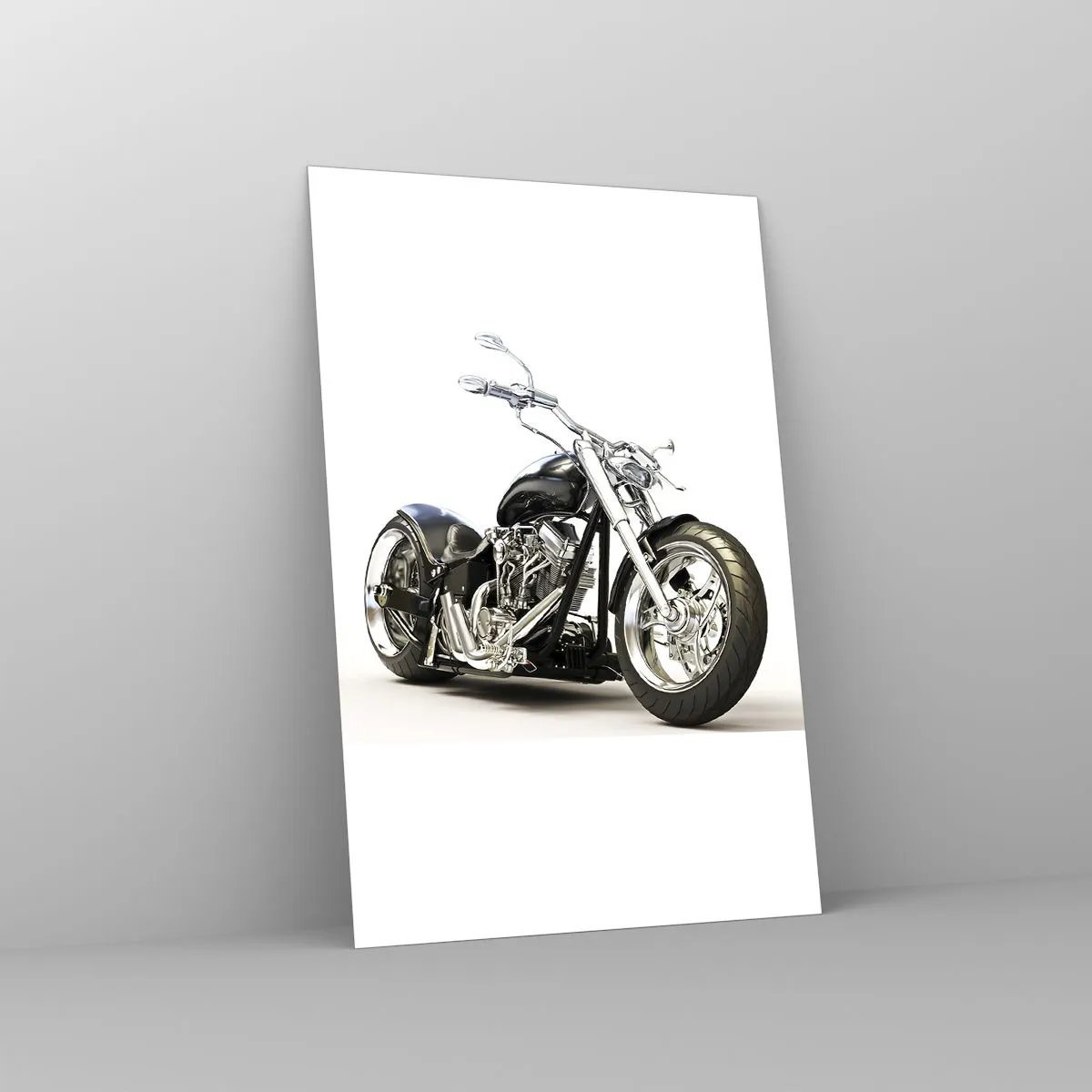 Obraz na szkle - Stylowy czarny motocykl na białym tle - 80x120cm - Siła z charakterem - Nowoczesna dekoracja ścienna do salonu i sypialni ARTTOR