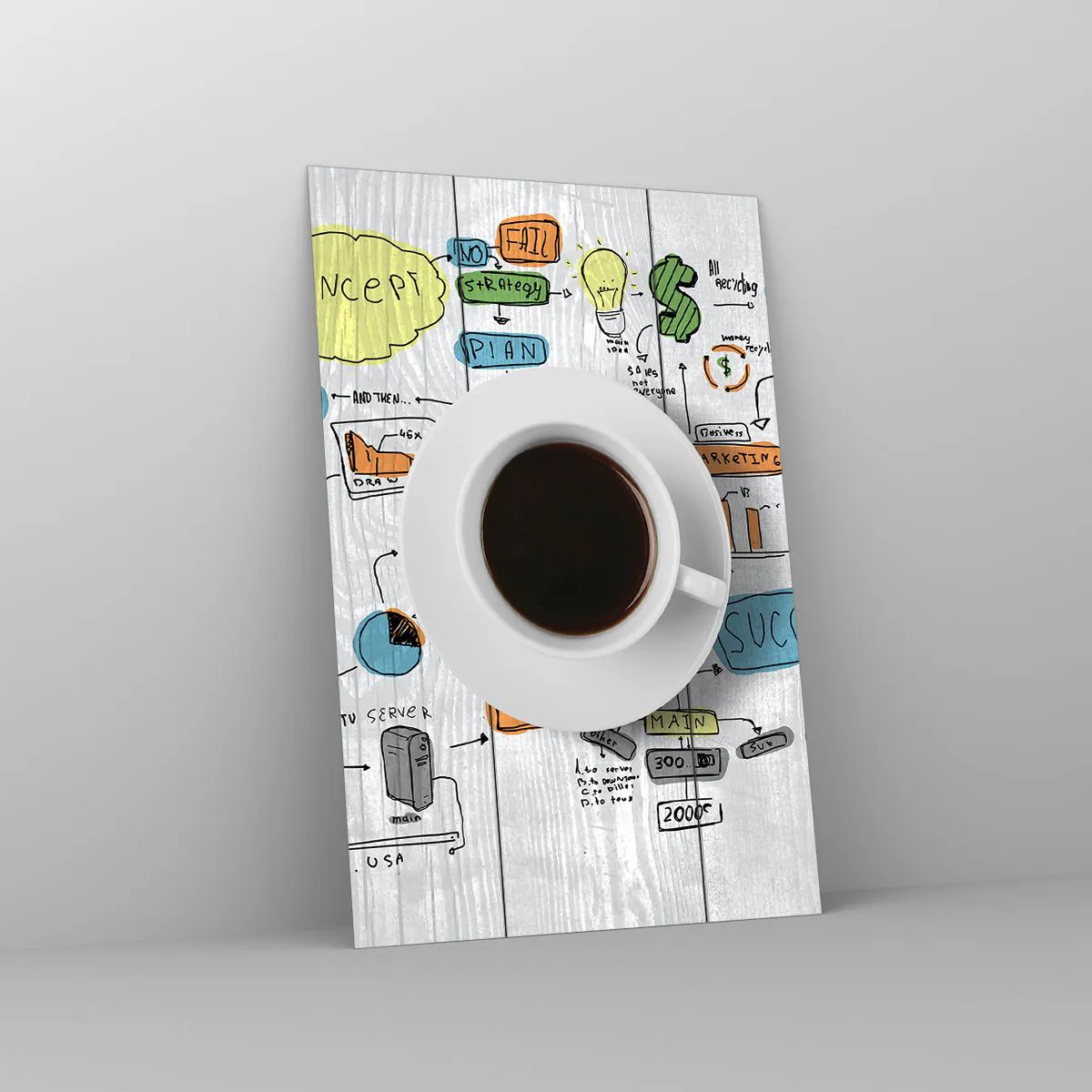 Glasbild - Bild auf glas - Eine Tasse Kaffee vor dem Hintergrund einer konzeptionellen Zeichnung - 80x120cm - Zeit für eine Pause - Moderne Wanddekoration für Wohnzimmer und Schlafzimmer ARTTOR