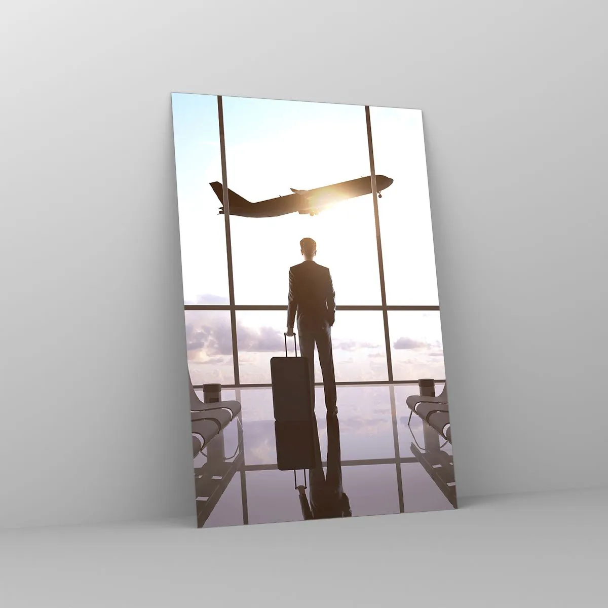 Cuadro sobre vidrio - Impresiones sobre Vidrio - Hombre de negocios en el aeropuerto con un avión al fondo - 80x120cm - Tienes tiempo, tranquilo - Decoración de pared moderna para salón y dormitorio ARTTOR