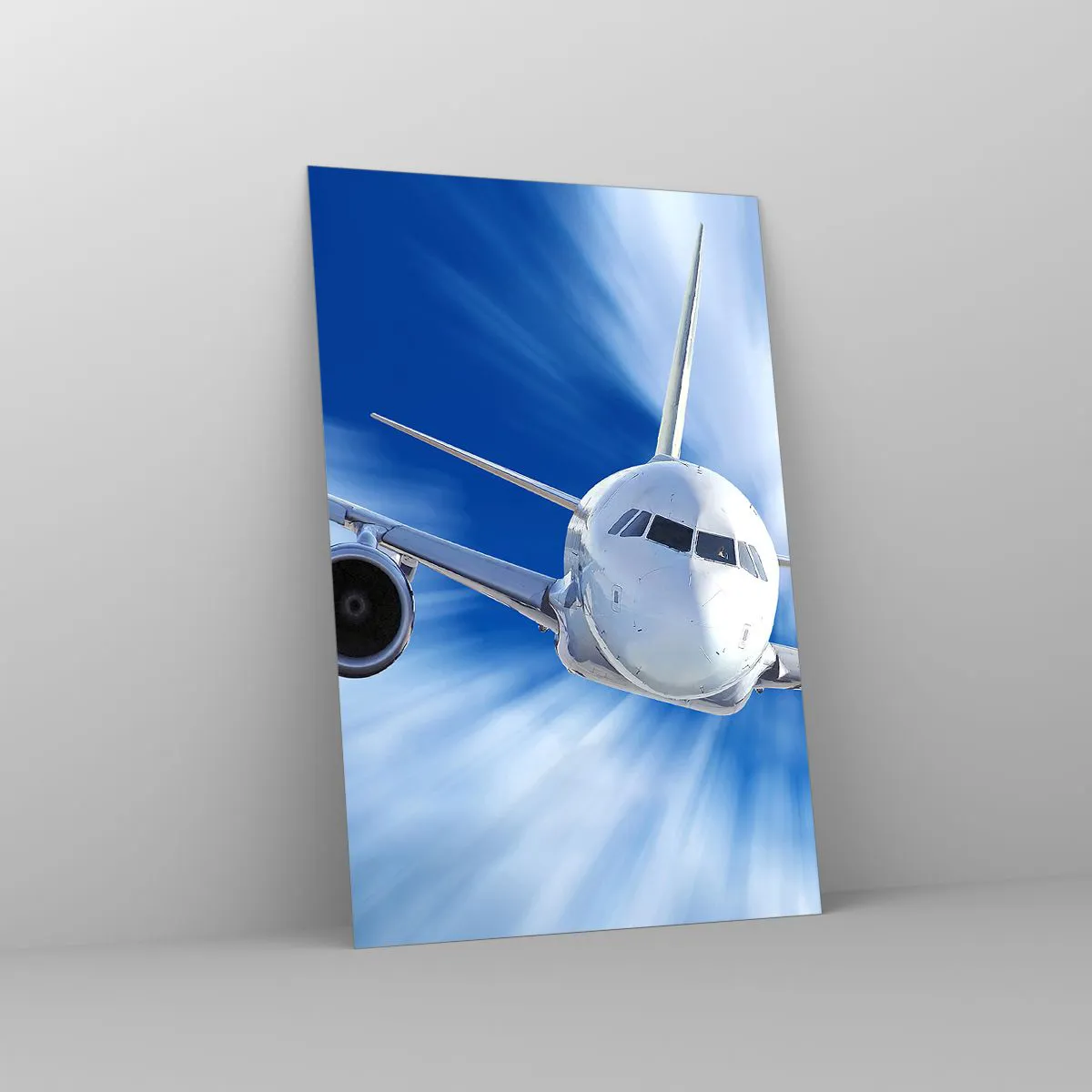 Cuadro sobre vidrio - Impresiones sobre Vidrio - Un avión de pasajeros en movimiento contra el cielo. - 80x120cm - Más rápido que el viento en el cielo - Decoración de pared moderna para salón y dormitorio ARTTOR