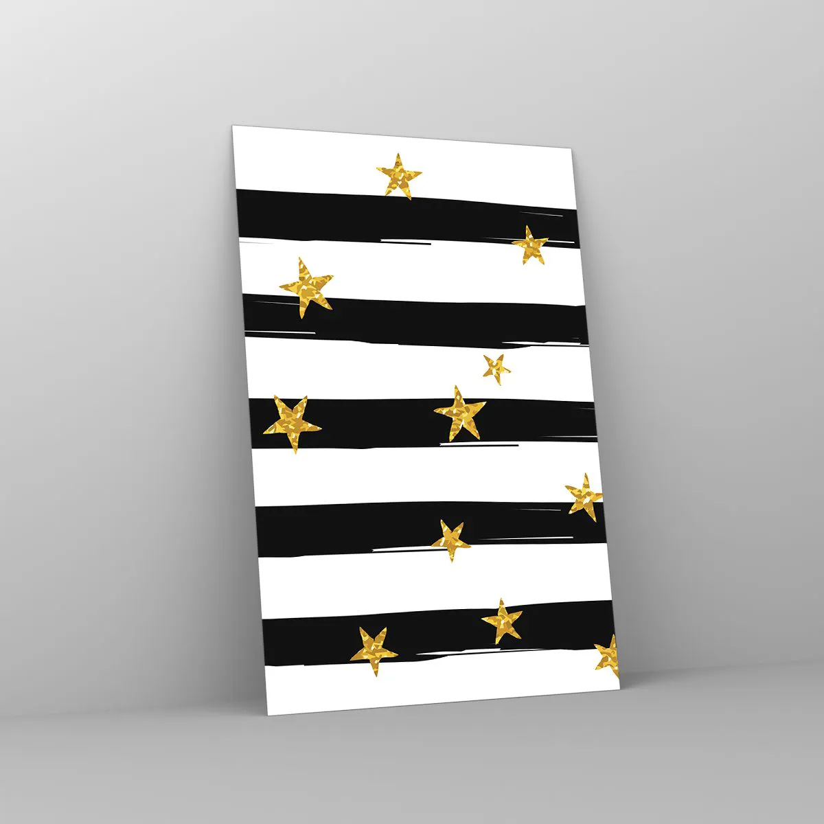 Obraz na szkle - Czarno-białe pasy z złotymi gwiazdkami - 80x120cm - Wszyscy urodziliśmy się pod szczęśliwą gwiazdą - Nowoczesna dekoracja ścienna do salonu i sypialni ARTTOR