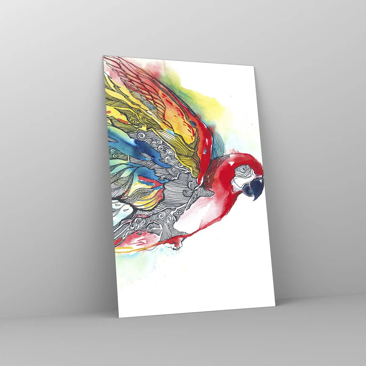 Impression sur verre - Image sur verre - Un perroquet coloré en vol avec des motifs abstraits sur ses ailes. - 80x120cm - Vivez haut en couleurs - Décoration murale moderne pour le salon et la chambre ARTTOR