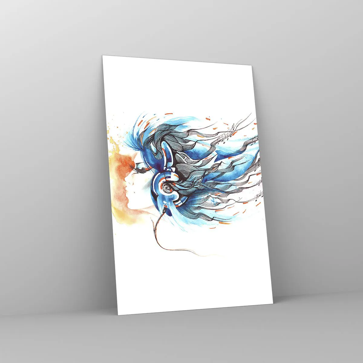 Obraz na szkle - Artystyczna grafika kobiety w słuchawkach z muzycznymi akcentami - 80x120cm - Niech gra muzyka - Nowoczesna dekoracja ścienna do salonu i sypialni ARTTOR