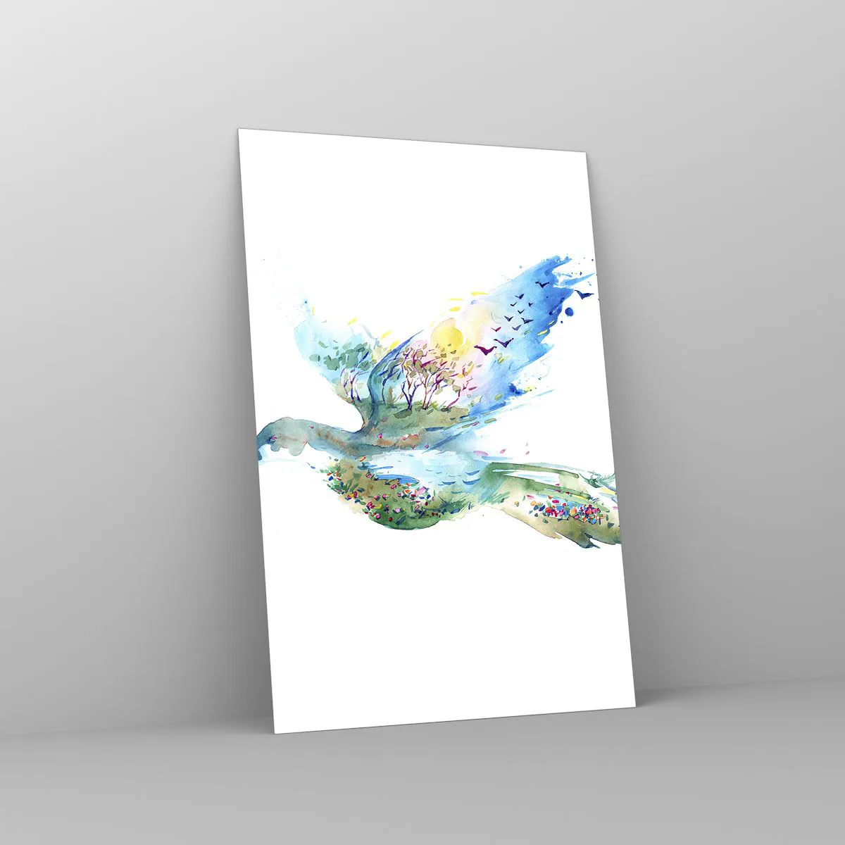 Glasbild - Bild auf glas - Aquarellkomposition eines Vogels mit Elementen der Natur - 80x120cm - Auf den Flügeln der Natur - Moderne Wanddekoration für Wohnzimmer und Schlafzimmer ARTTOR