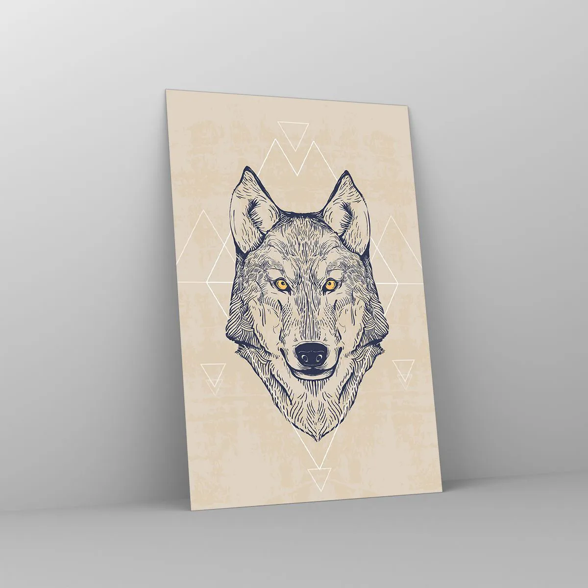 Impression sur verre - Image sur verre - Un loup géométrique sur fond clair avec des motifs minimalistes. - 80x120cm - Un alpha au regard pénétrant - Décoration murale moderne pour le salon et la chambre ARTTOR