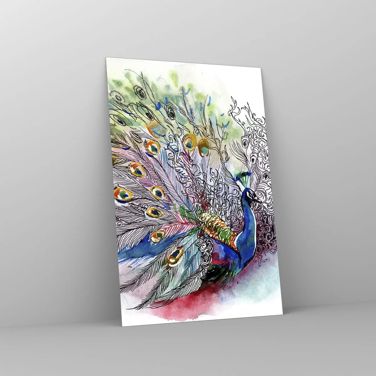 Impression sur verre - Image sur verre - Un paon dans un style aquarelle coloré avec des plumes abstraites - 80x120cm - Avec fierté contre la grisaille - Décoration murale moderne pour le salon et la chambre ARTTOR