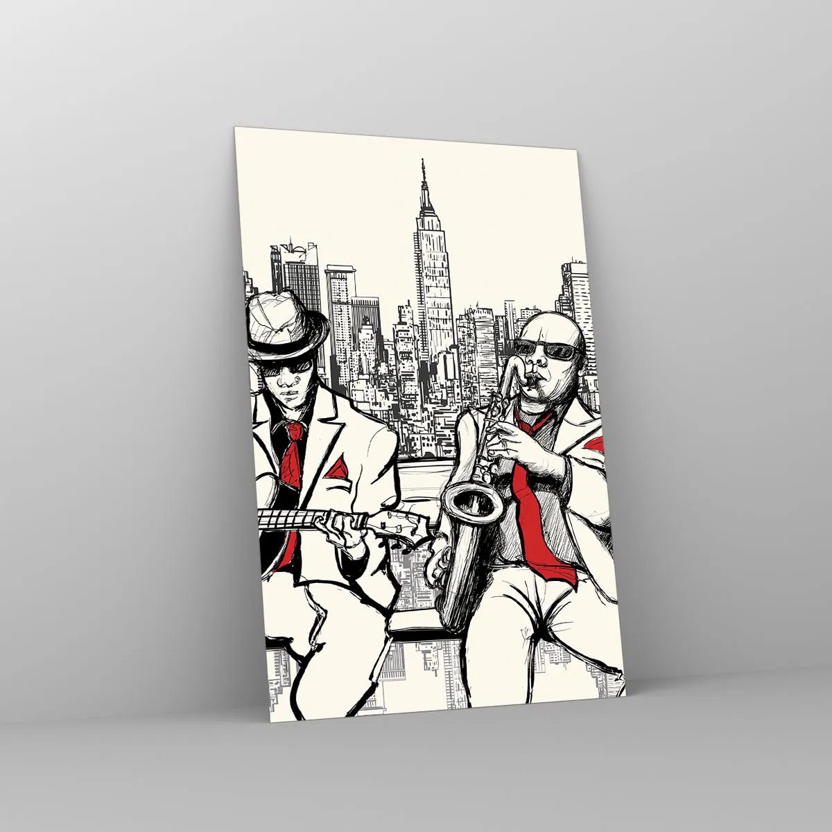 Obraz na szkle - Jazzowy duet z saksofonem i gitarą na tle miasta - 80x120cm - Nowojorska improwizacja - Nowoczesna dekoracja ścienna do salonu i sypialni ARTTOR