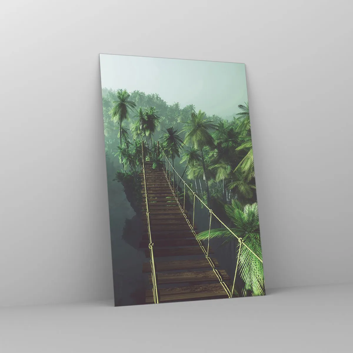 Impression sur verre - Image sur verre - Un pont suspendu dans une forêt tropicale entourée de brouillard. - 80x120cm - Au fil de la verdure - Décoration murale moderne pour le salon et la chambre ARTTOR