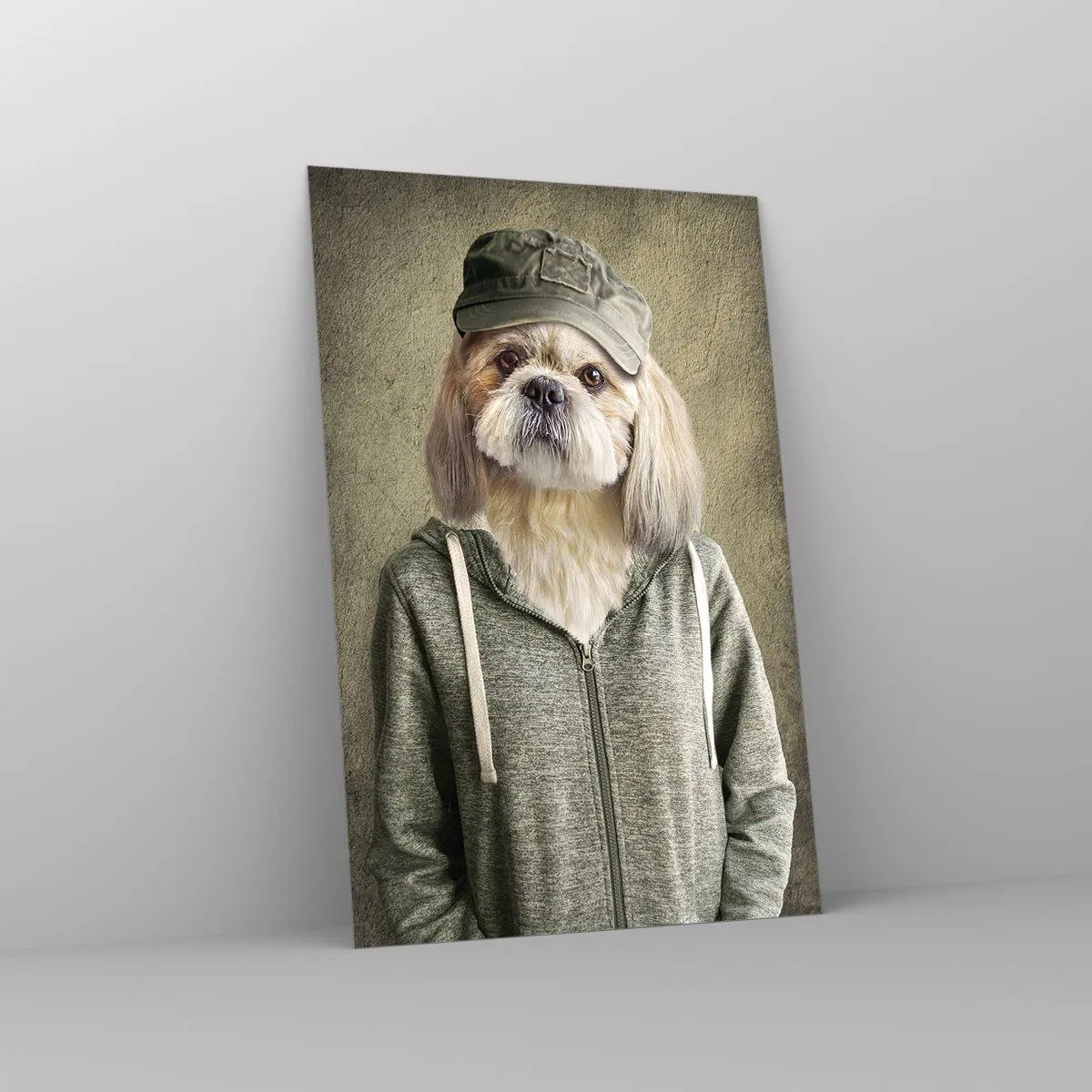 Cuadro sobre vidrio - Impresiones sobre Vidrio - Retratos estilizados de un león, un perro y un elefante con ropa elegante. - 80x120cm - Prefiero tomármelo con calma - Decoración de pared moderna para salón y dormitorio ARTTOR