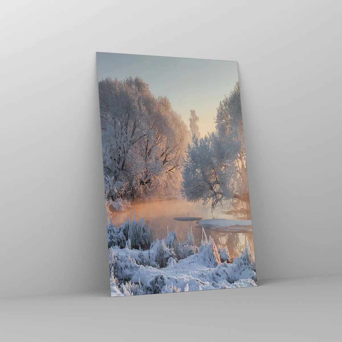 Obraz na szkle - Zimowy krajobraz z ośnieżonymi drzewami i zachodem słońca - 80x120cm - Wszystko w słonecznym lśni krysztale - Nowoczesna dekoracja ścienna do salonu i sypialni ARTTOR