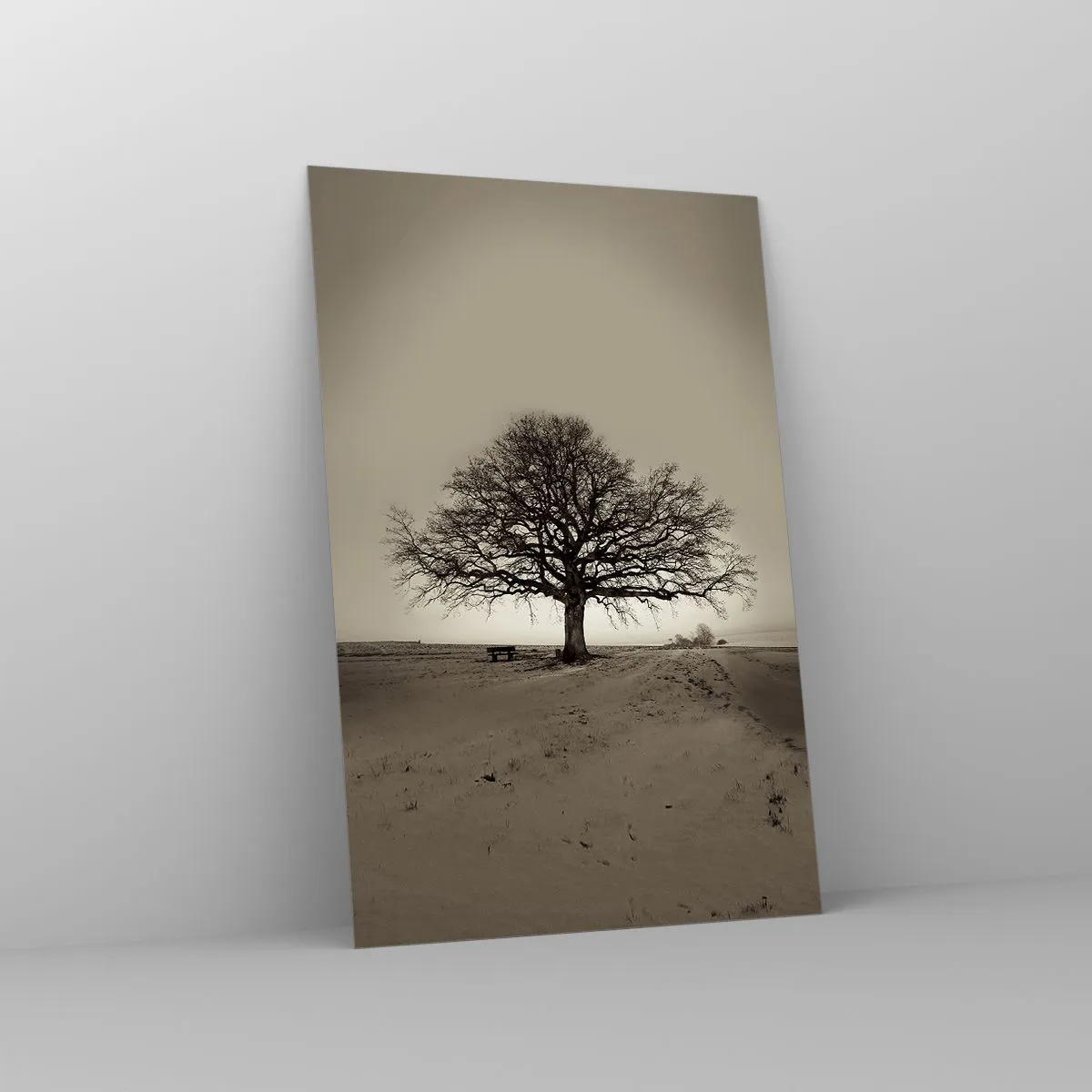 Glasbild - Bild auf glas - Ein einsamer Baum in einem Sepia-Feld - 80x120cm - Von hier zu Ewigkeit - Moderne Wanddekoration für Wohnzimmer und Schlafzimmer ARTTOR