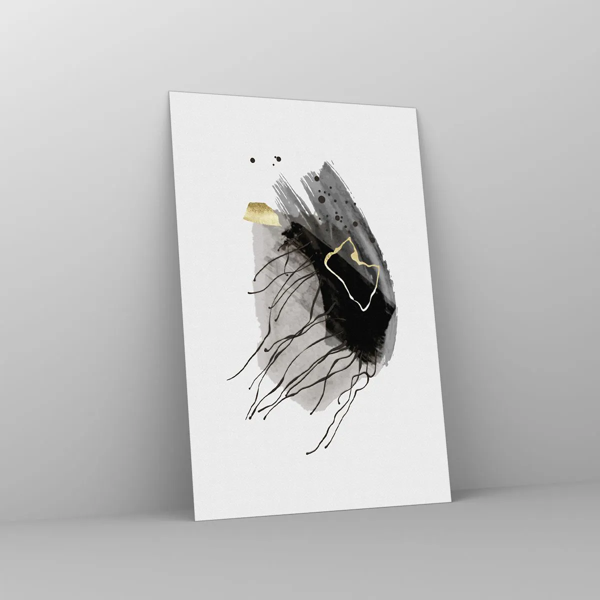 Cuadro sobre vidrio - Impresiones sobre Vidrio - Una composición abstracta con acentos negros y dorados. - 80x120cm - En negro y dorado - Decoración de pared moderna para salón y dormitorio ARTTOR