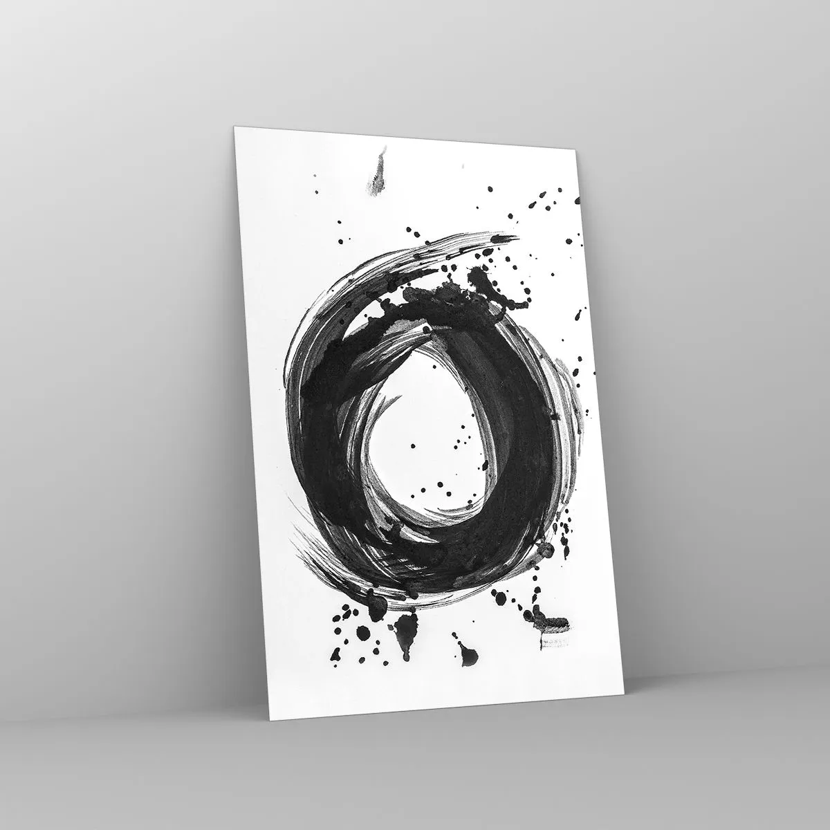 Quadro su vetro - Astrazione nera a forma di cerchio su sfondo bianco - 80x120cm - Il vortice della creazione - Decorazione murale moderna per soggiorno e camera da letto ARTTOR